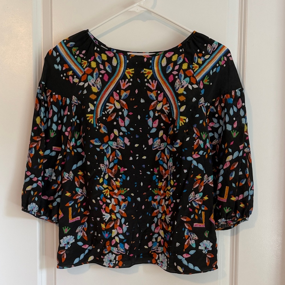 Peter Pilotto Black Floral Printed Peasant Blouse with Multicolor Accents